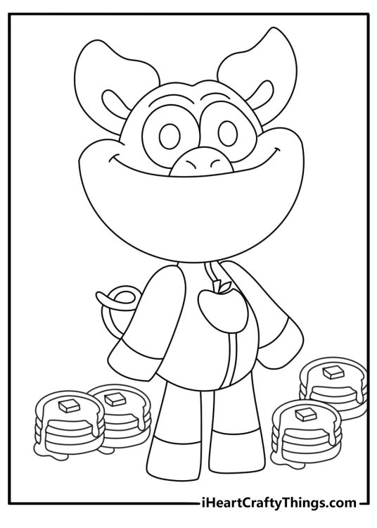 Smiling Critters coloring sheet with PickyPiggy standing beside a stack of pancakes