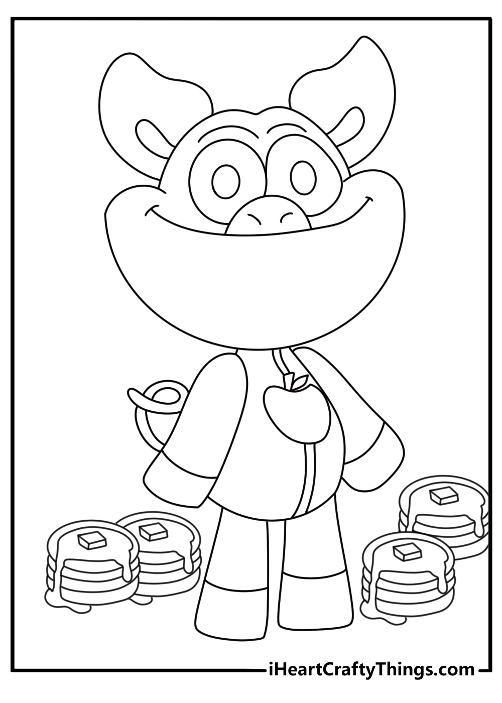 Smiling Critters coloring sheet with PickyPiggy standing beside a stack of pancakes