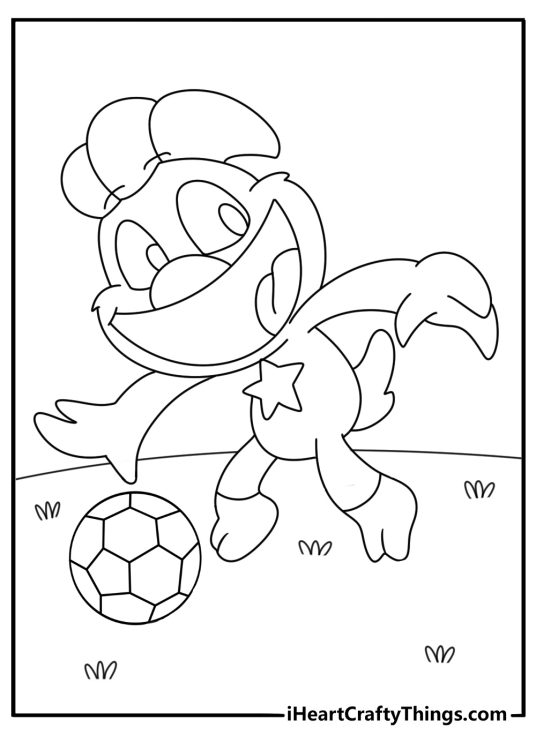 Smiling Critters printable with KickinChicken dribbling a soccer ball across a field