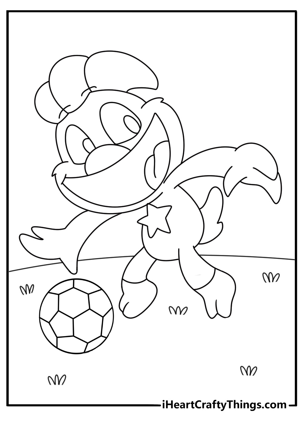 Smiling Critters printable with KickinChicken dribbling a soccer ball across a field