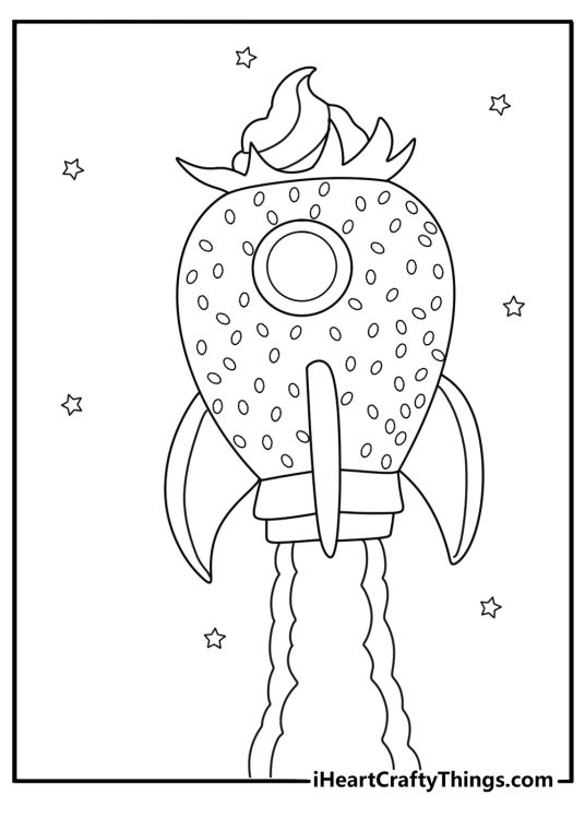 Space theme strawberry printable coloring page kawaii rocket shaped like a berry ready to blast off