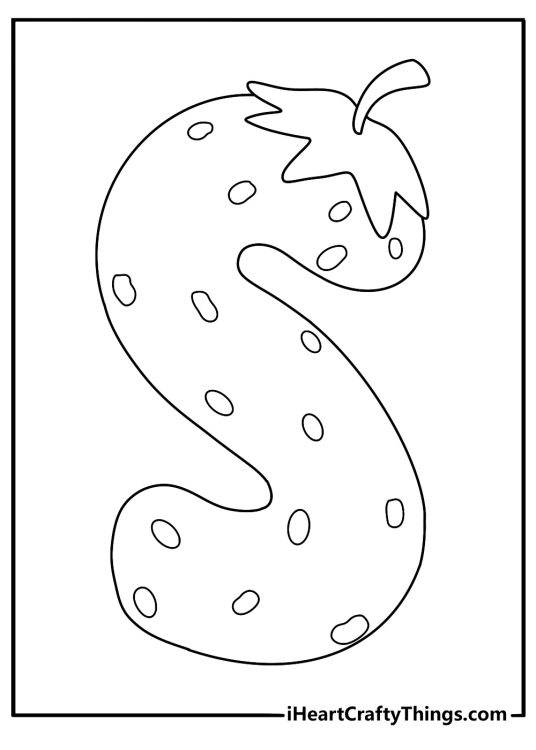 Strawberry alphabet coloring page letter S filled with tiny seed pattern and berry texture