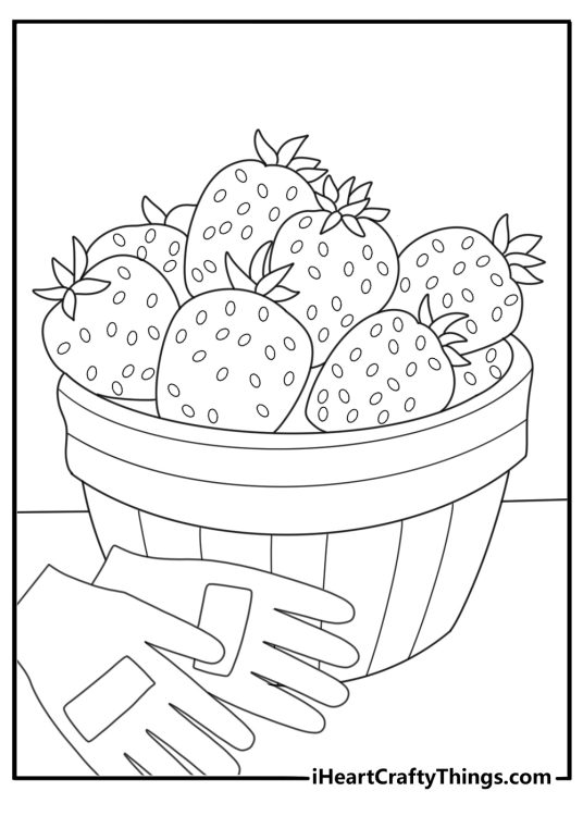 Strawberry harvest coloring page printable pdf with a hand woven basket full of berries and garden gloves