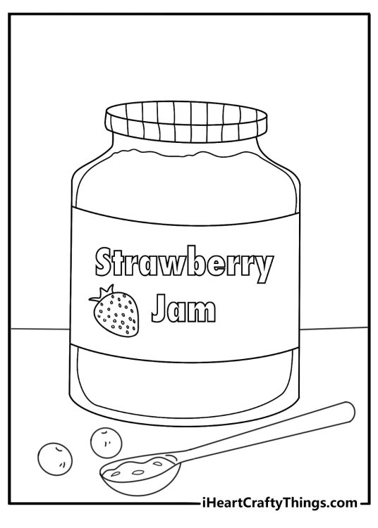 Strawberry jam printable coloring picture showing a mason jar a spoon and fresh berries for decoration