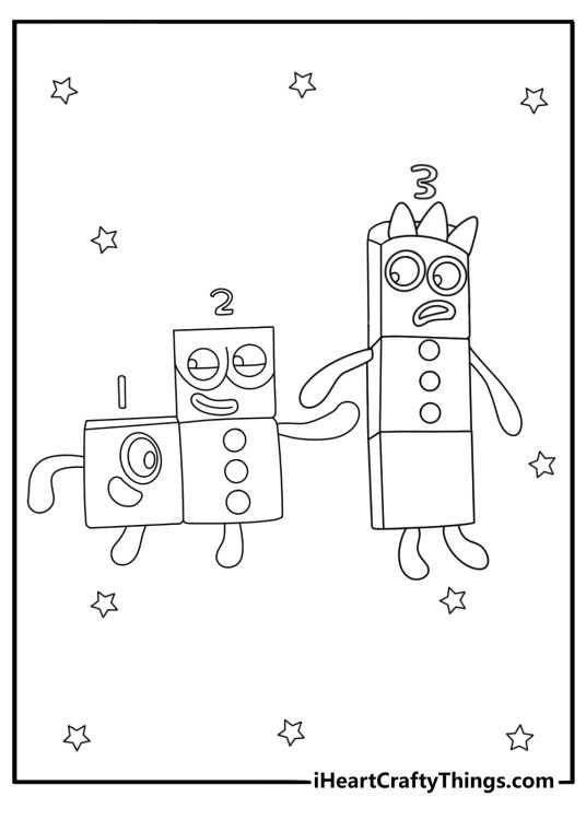 Three Numberblocks combine to demonstrate simple addition in this learning page