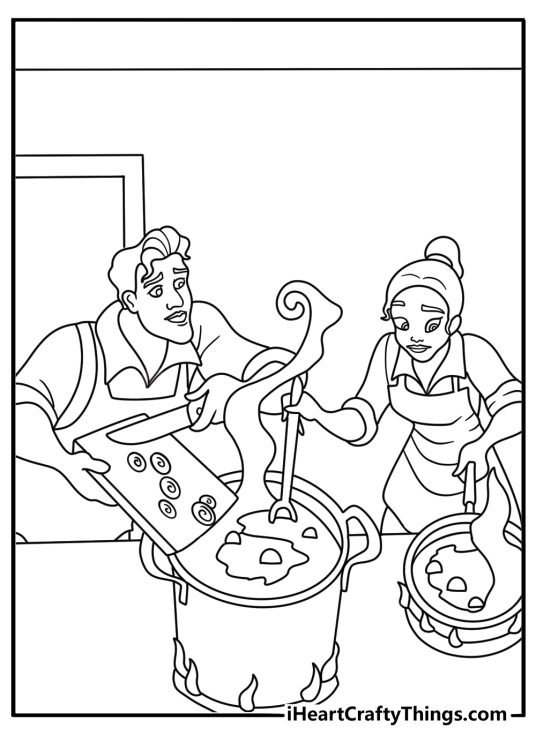Tiana and Naveen prepare vegetables together in this kitchen coloring sheet