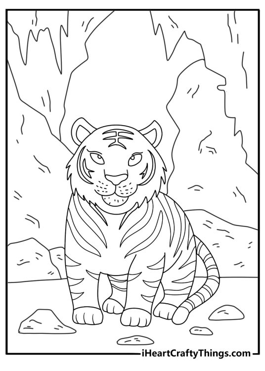 Tiger coloring page with a tiger beside a cave in the hills