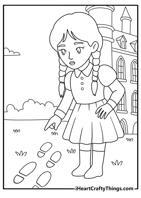 Wednesday coloring page showing her examining footprints near Nevermore Academy