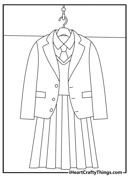 Wednesday coloring pages feature a dark school uniform on a wardrobe door