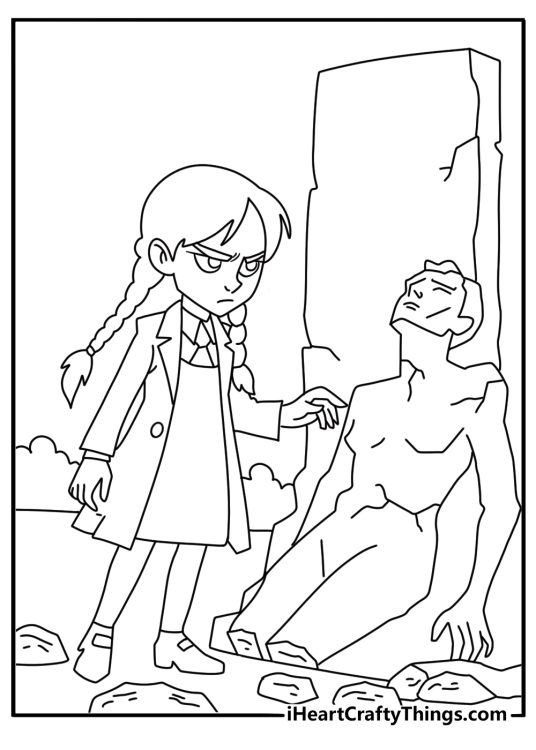 Wednesday investigates a broken statue in this coloring page for fans