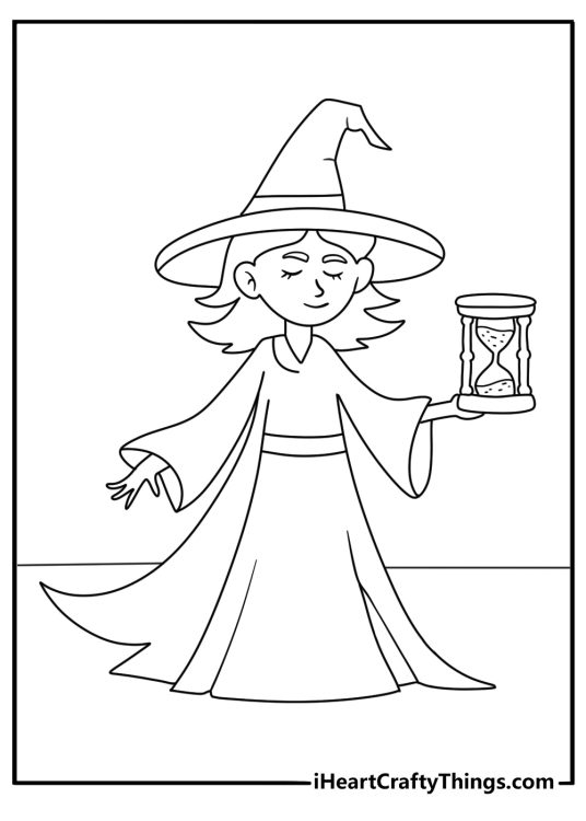 Witch coloring page for adults featuring a sorceress beside an ancient hourglass