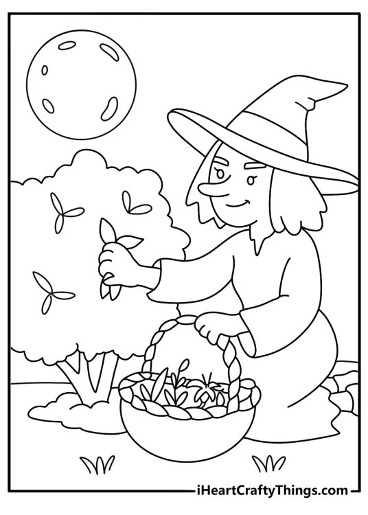 Witch coloring page showing a sorceress gathering herbs in a moonlit garden