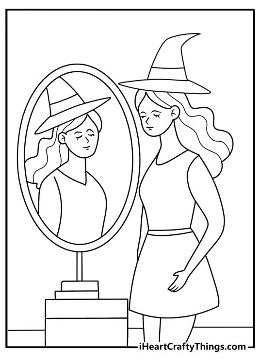 Witch coloring pages scene showing a sorceress looking into a magic mirror