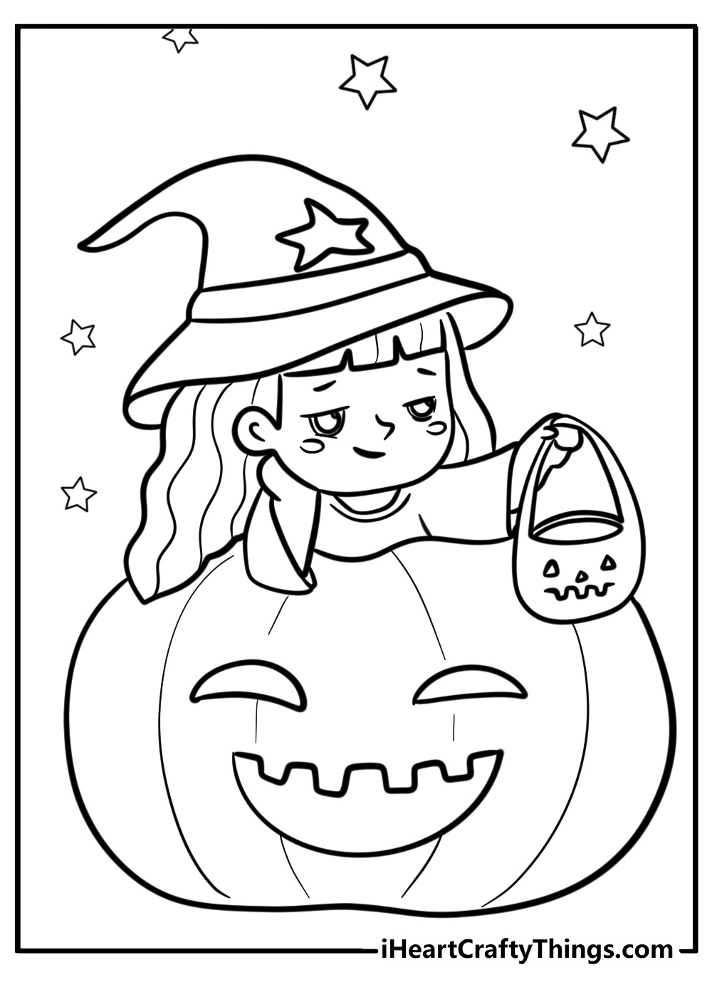 Adorable witch with halloween treats coloring page