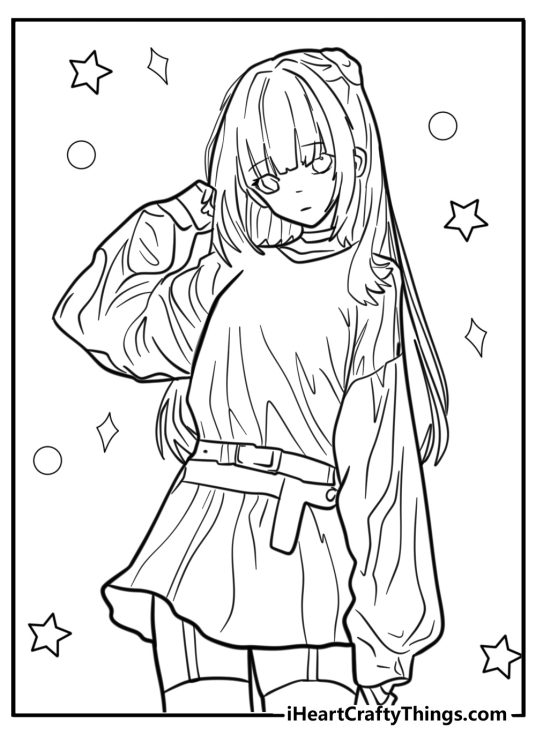 Coloring printable for kids featuring funky and elegant Anime girl with long hair