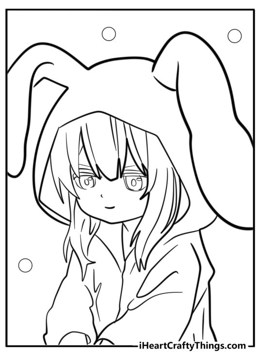 Printable pdf featuring close-up image of an Anime girl wearing cute bunny-themed onesie