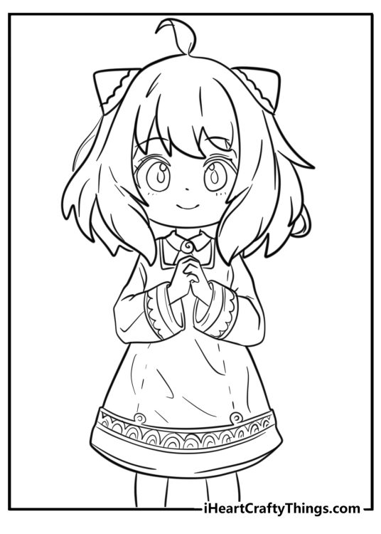 Coloring picture for children featuring little Anime girl wearing cute dress with ornaments