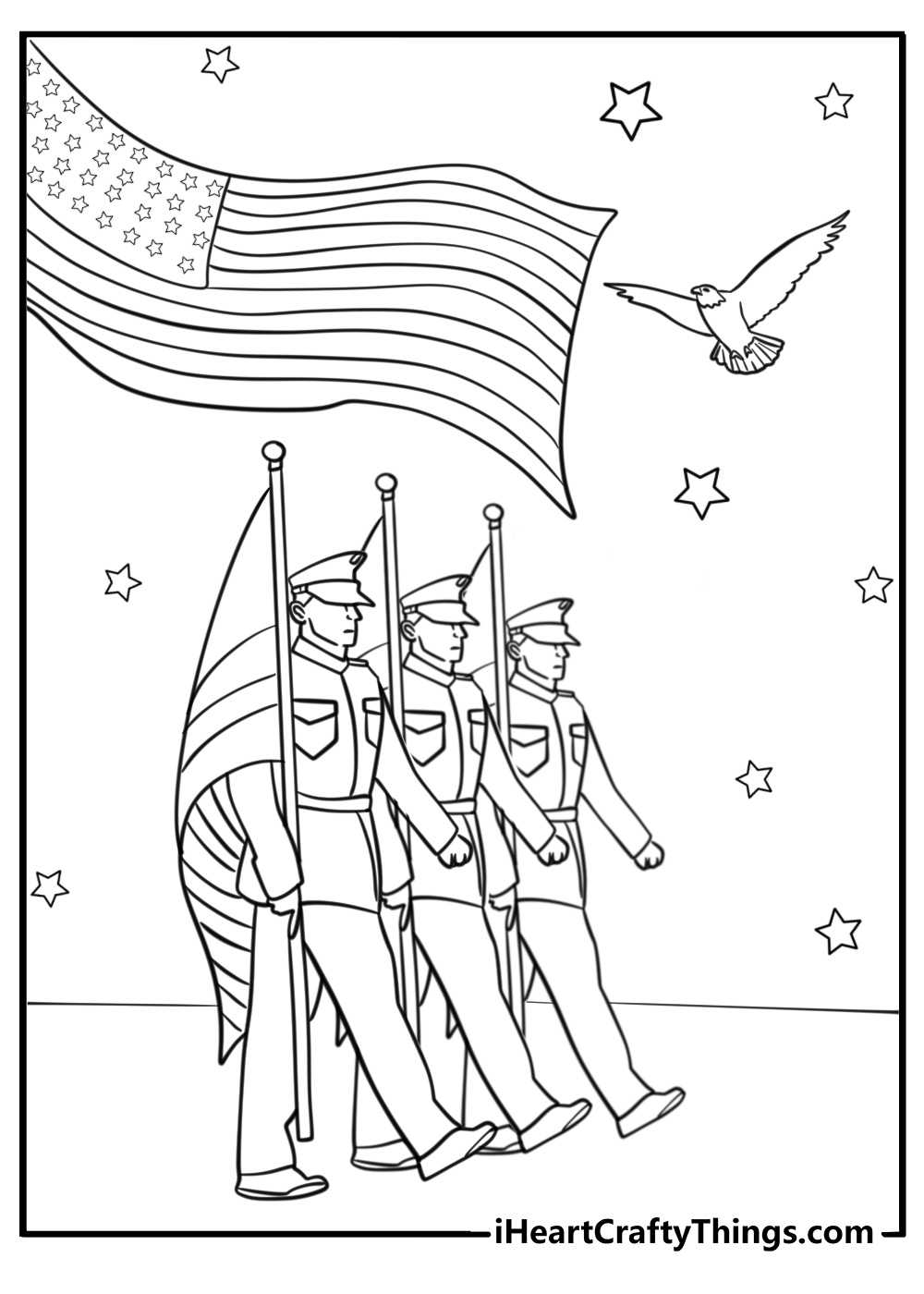 Bald eagle flying over memorial day parade coloring page