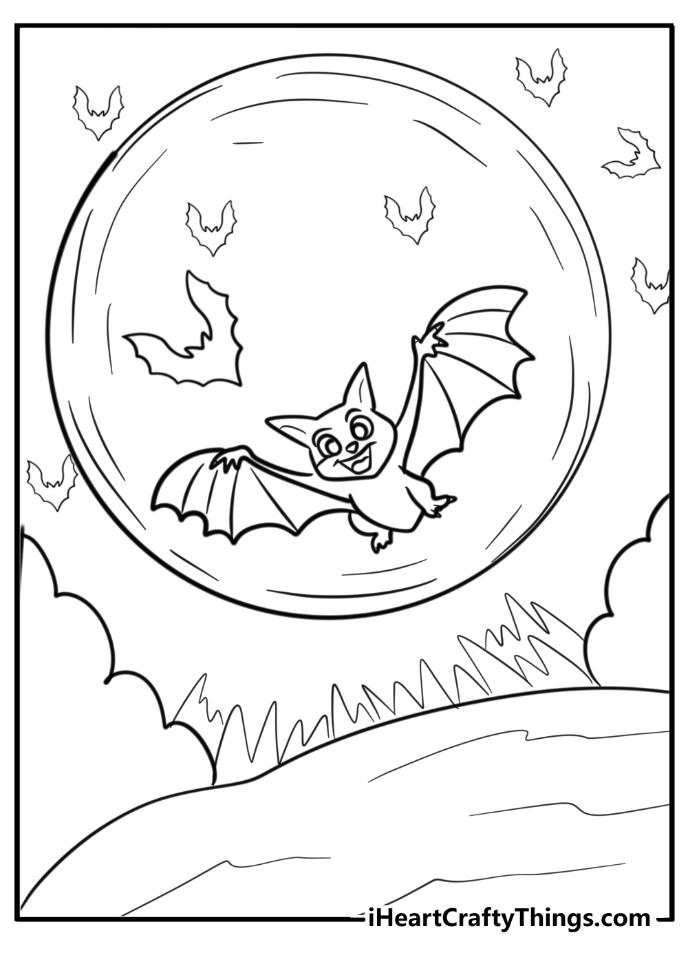 Bat flying in the night sky printable Halloween coloring page