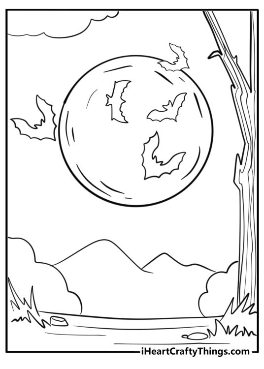 Bat flying through a haunted night fun coloring sheet