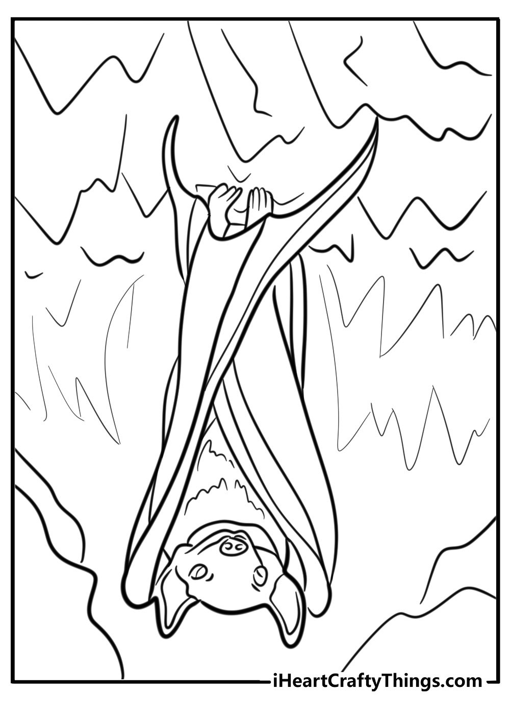 Bat hanging upside down in a spooky cave coloring page