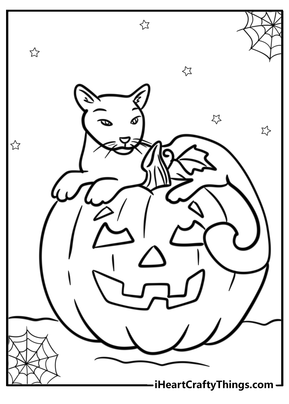 Black cat sitting on a pumpkin detailed coloring sheet