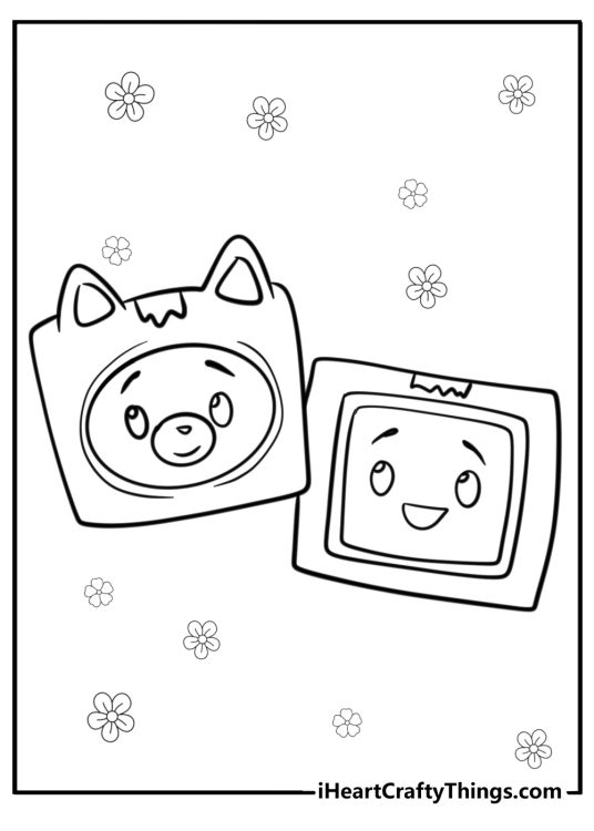 LankyBox coloring page for kids presenting characters Foxy and Boxy with flowers in the background