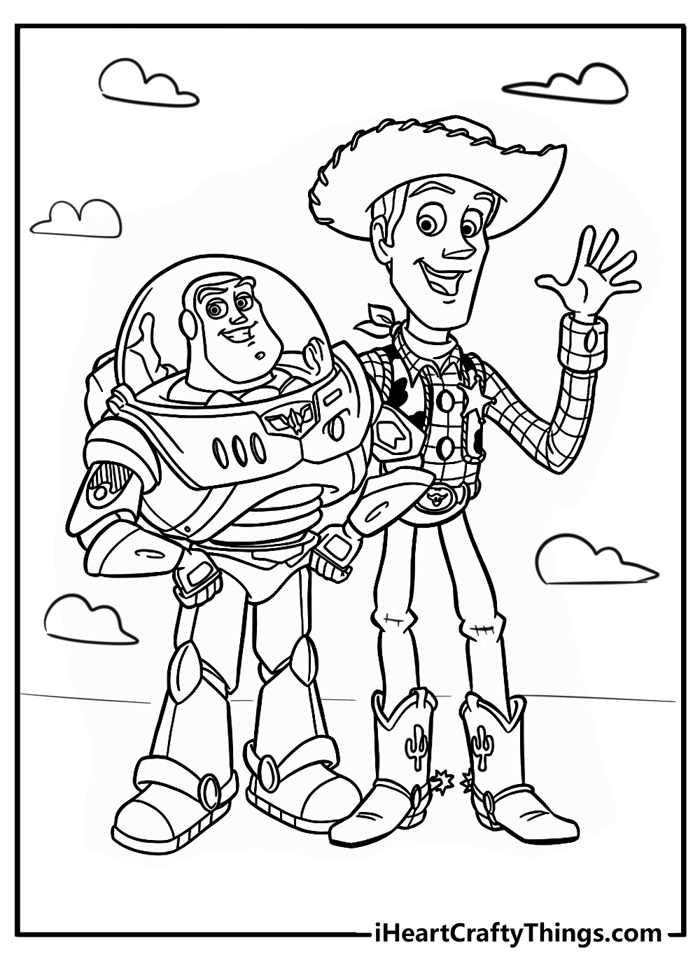 Buzz and woody coloring page in front of cloud wallpaper