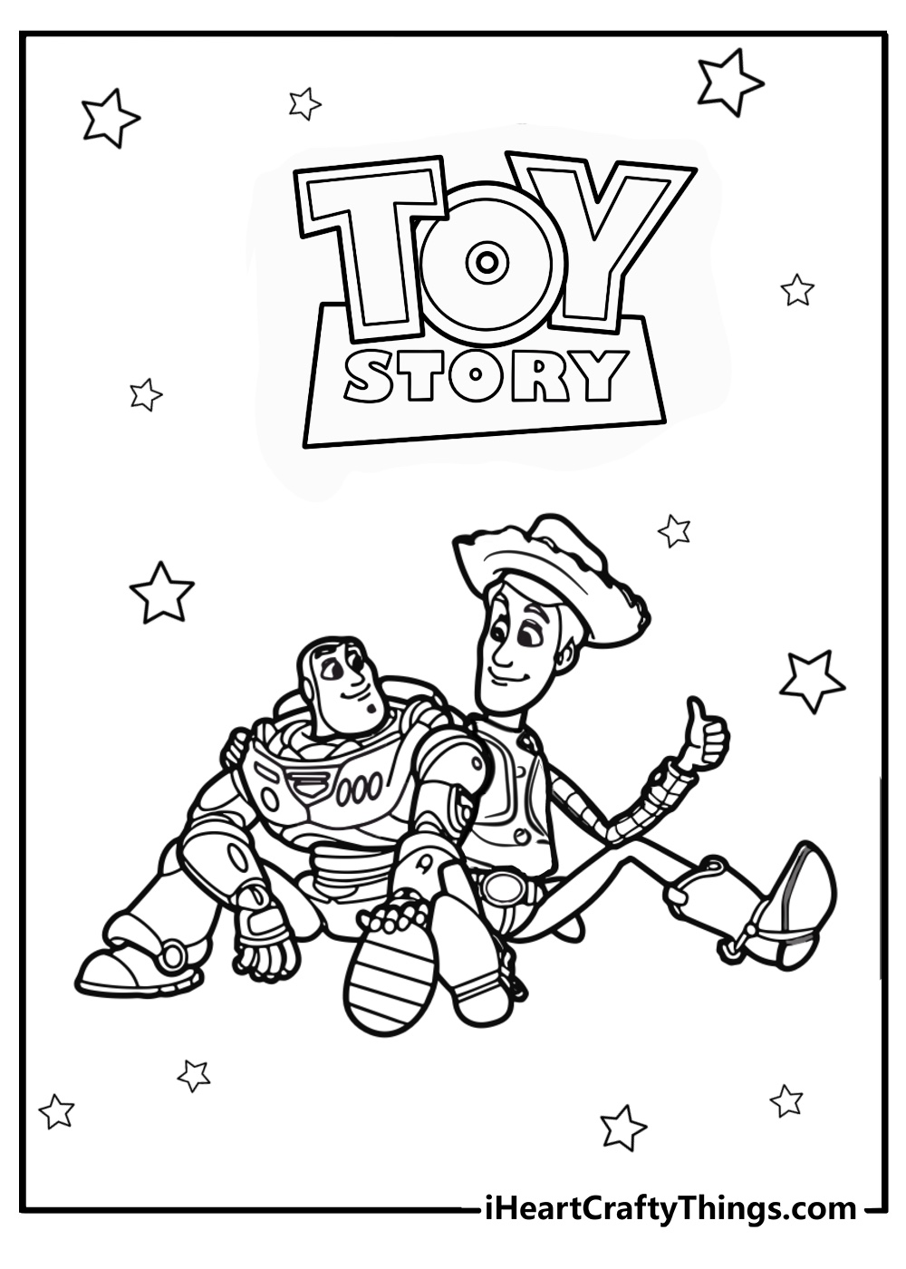 Buzz and woody coloring page sitting below the toy story logo