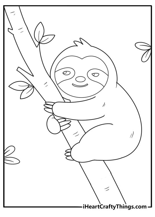 cartoon sloth climbing a tall tree coloring page for kids