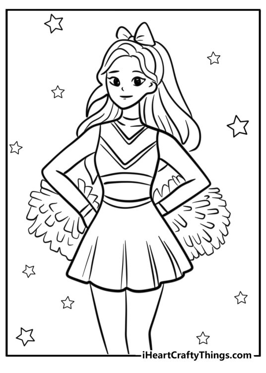 Cheerleader performing a cheer on stage coloring sheet