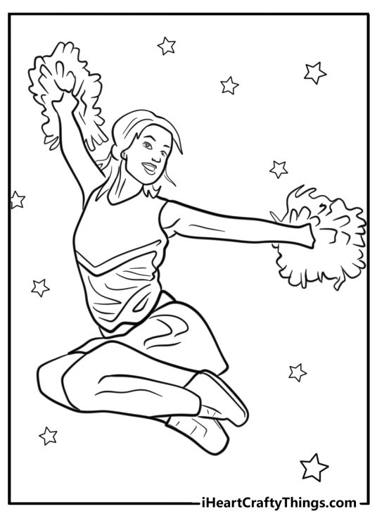 Cheerleader practicing stunts with teammates page to color