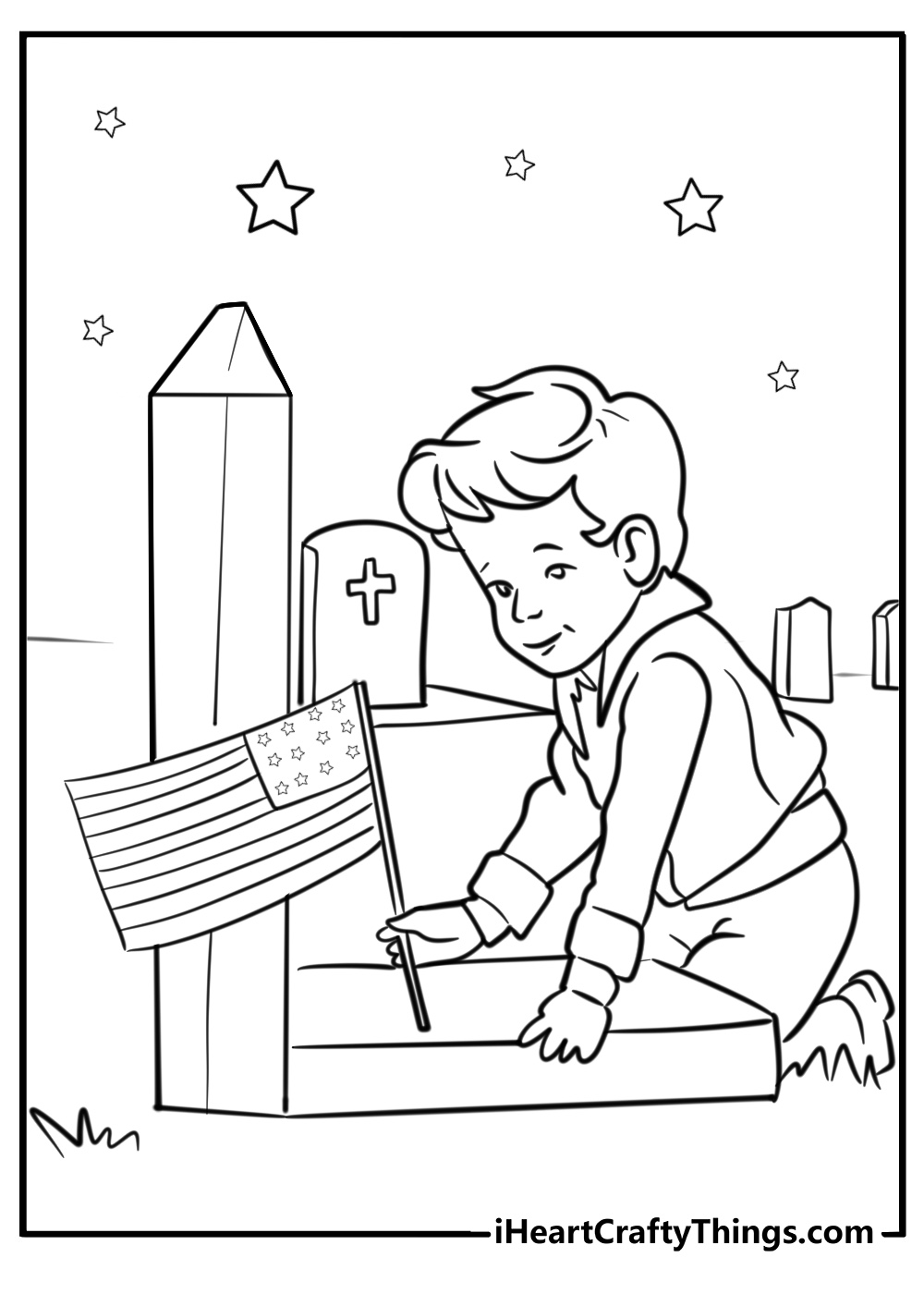 Children planting flags on graves memorial day coloring page