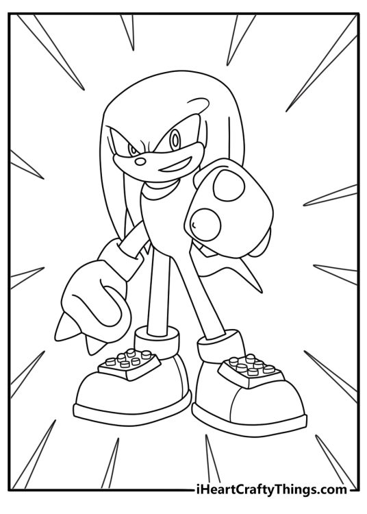 close view of knuckles wearing his signature red and yellow shoes makes this easy coloring sheet