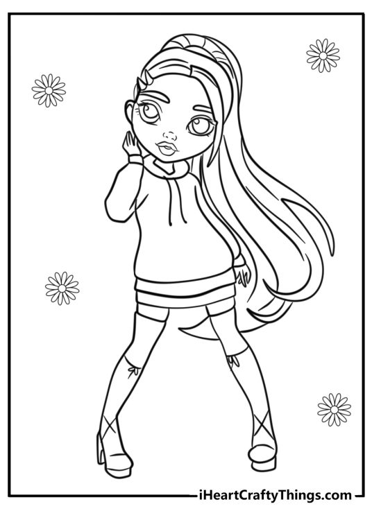 Coloring sheet for children featuring Rainbow High character Shanelle striking a cool pose
