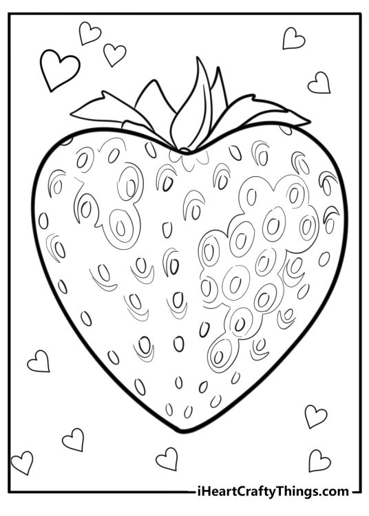 Coloring printable for children featuring a very detailed strawberry drawing with small hearts in the background