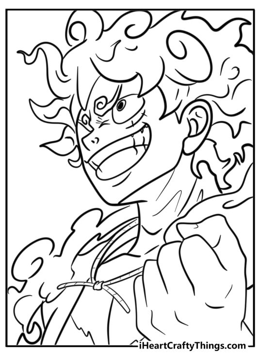 One Piece anime coloring sheet showing a close-up of Luffy in his Gear 5 transformation