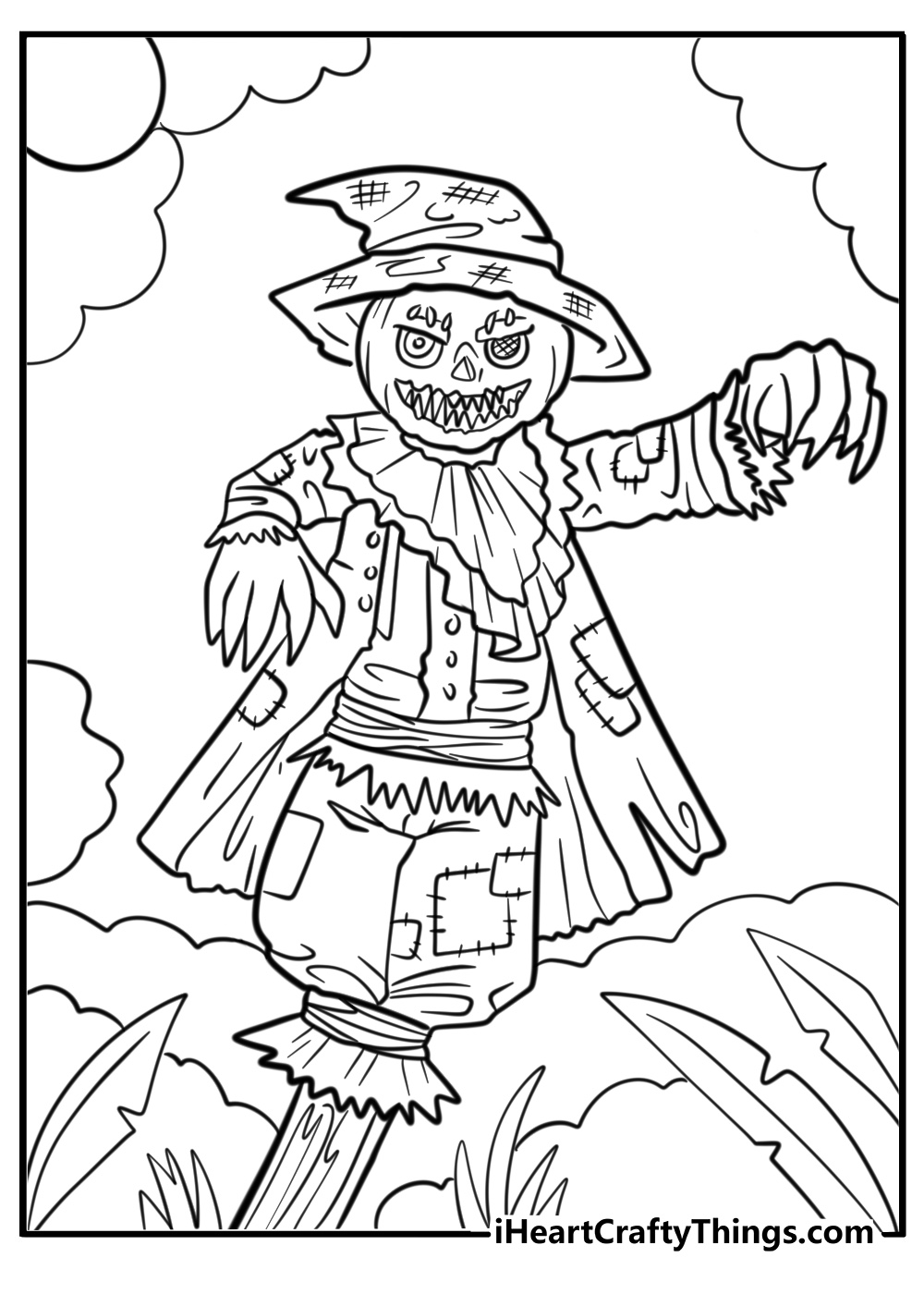 Creepy scarecrow in a cornfield printable Halloween coloring page