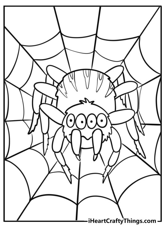 Creepy spider with 4 eyes on a web Halloween coloring pages for kids