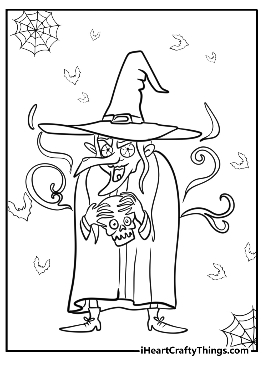 Creepy witch casting a spell fun Halloween coloring pages for kids