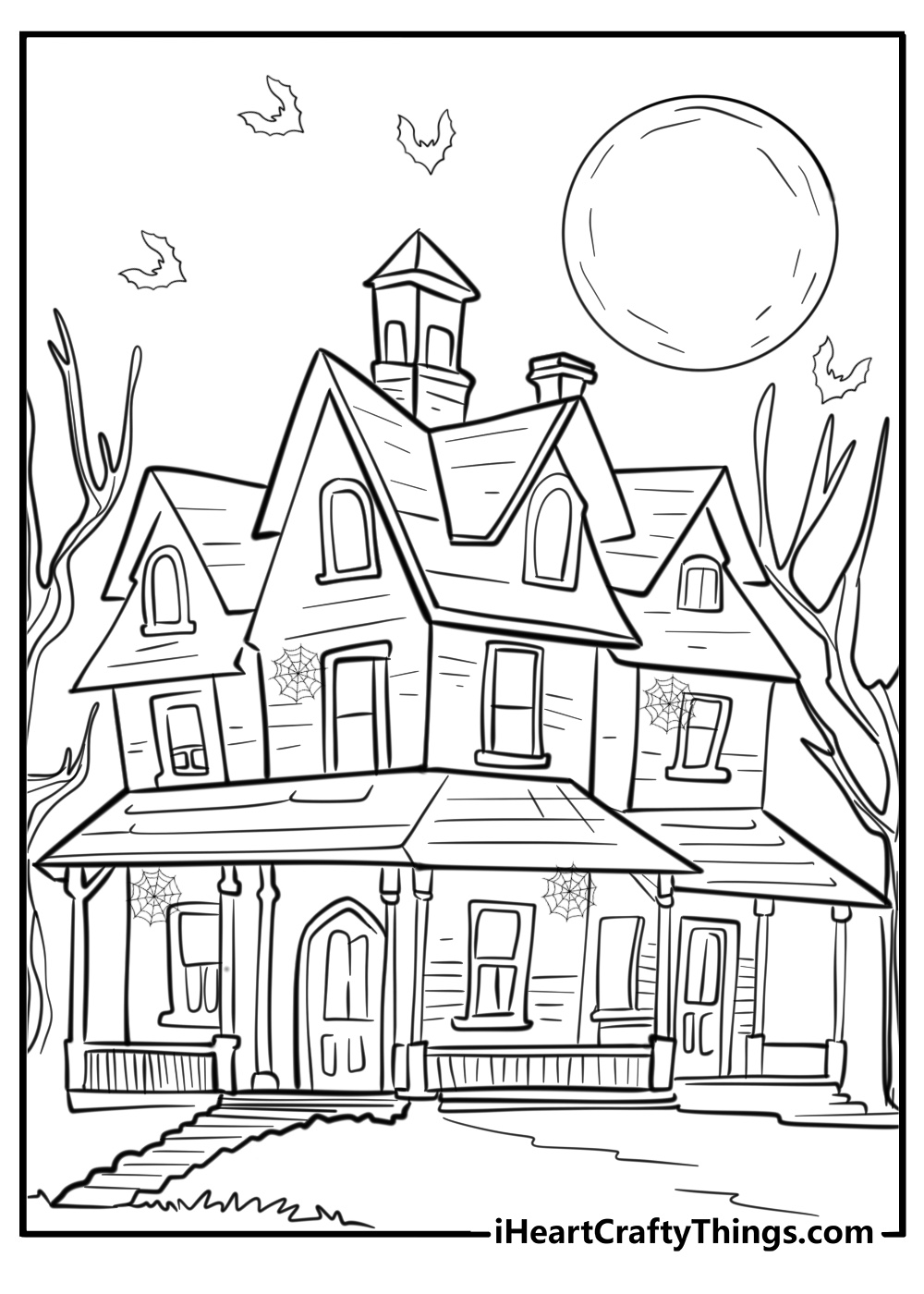 Creepy witch's house in the woods detailed coloring sheet