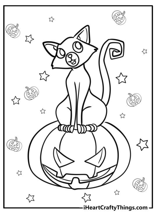 Cute black cat with pumpkin fun Halloween coloring sheet