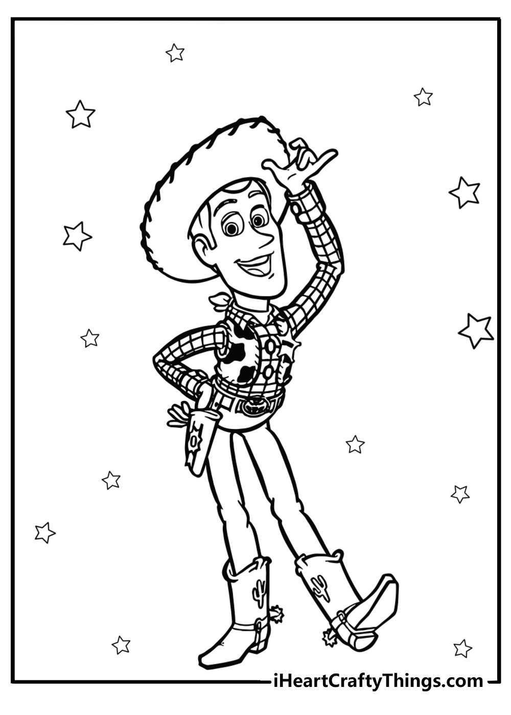 Cute chibi woody coloring page waving for preschoolers