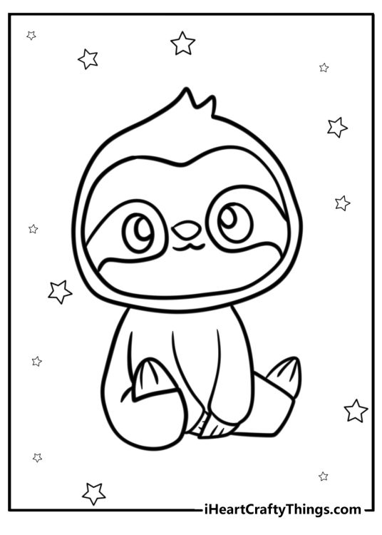 Coloring page for pre-schoolers featuring baby sloth surrounded by stars drawn in a simple style