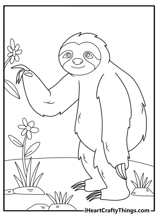 cute sloth standing on the ground with flowers around coloring page