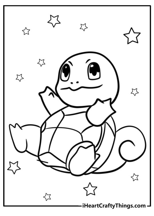 Coloring page featuring Squirtle relaxing while warming his belly with stars in the background