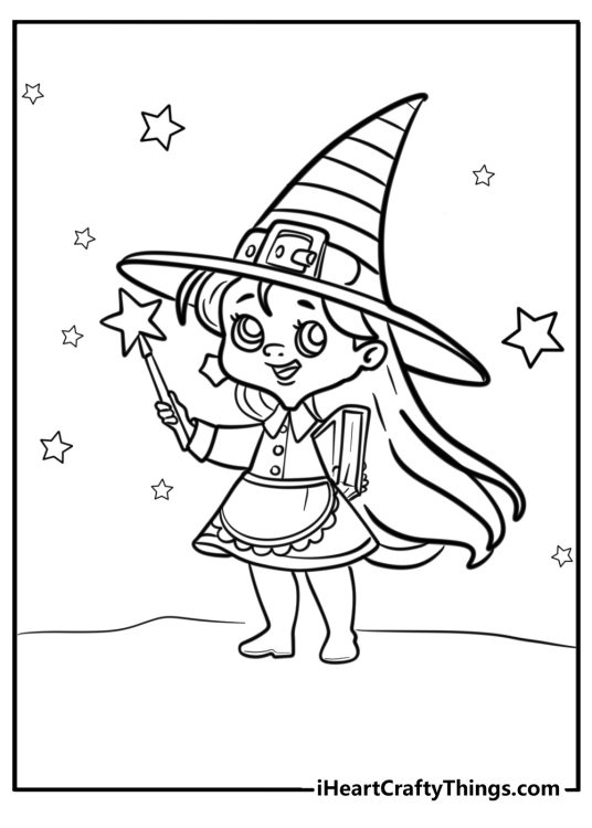 Cute witch with a magic wand coloring sheet