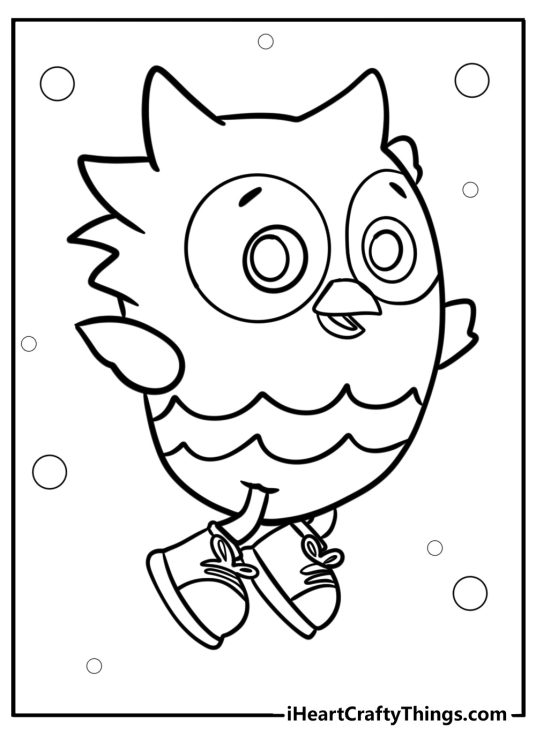 Daniel Tiger coloring book page featuring character O the Owl with bubbles in the background