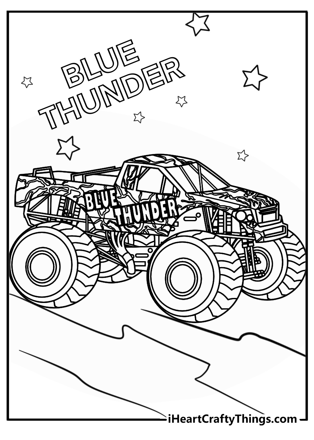 Detailed monster jam coloring page of blue thunder truck