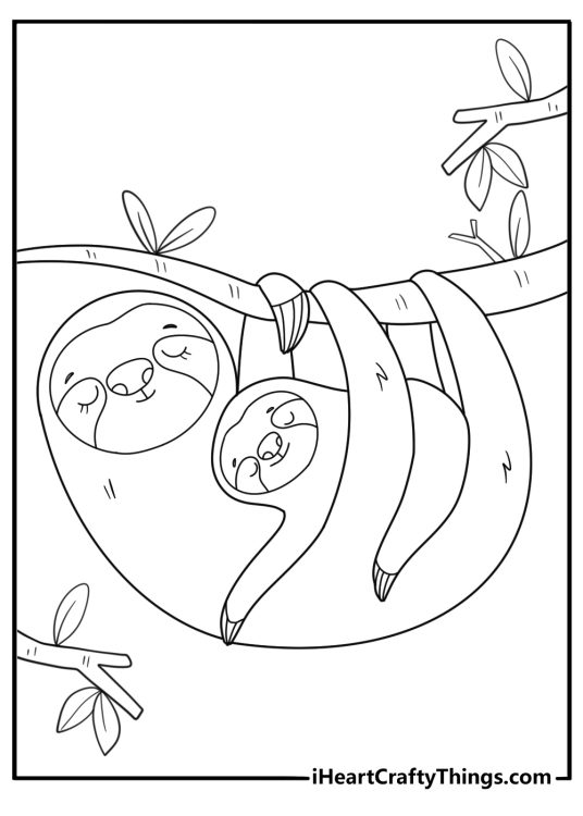 detailed sloth mother carrying baby on her back coloring sheet